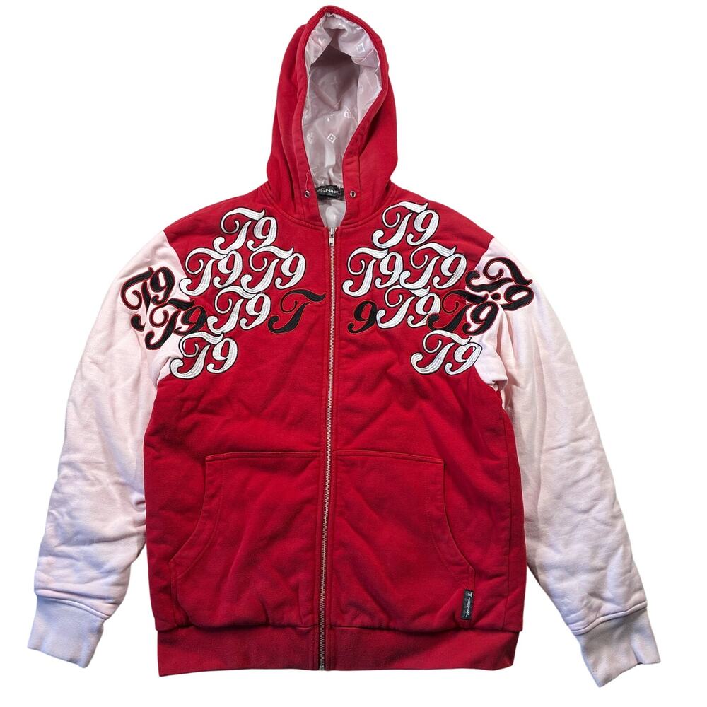 Vintage Technine Hoodie Sweatshirt Large Red Y2K Zip Up Stitched Street Hip Hop